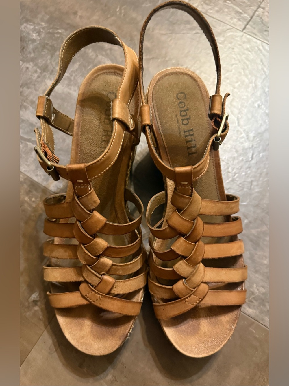 COBB HILL Strappy Sandals with Cognac Braided Leather Straps & Wedge Heel